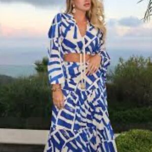 House of Harlow 1960xRevolve Mareena Blue White Skirt/Top Set Medium Linen blend